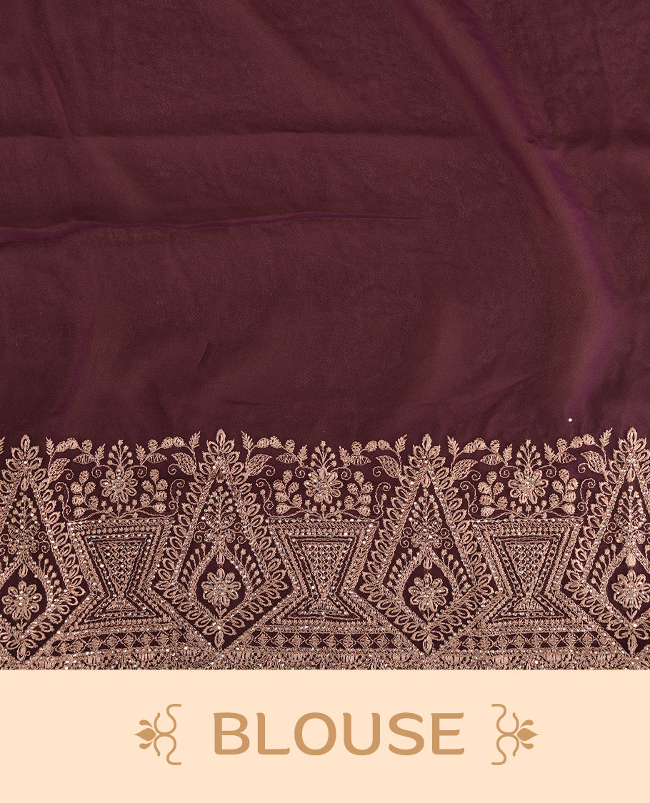 Red colour georgette designer saree featuring Gold thread floral pattern on body highlighting with stone and scalp border, paired with matching blouse piece.