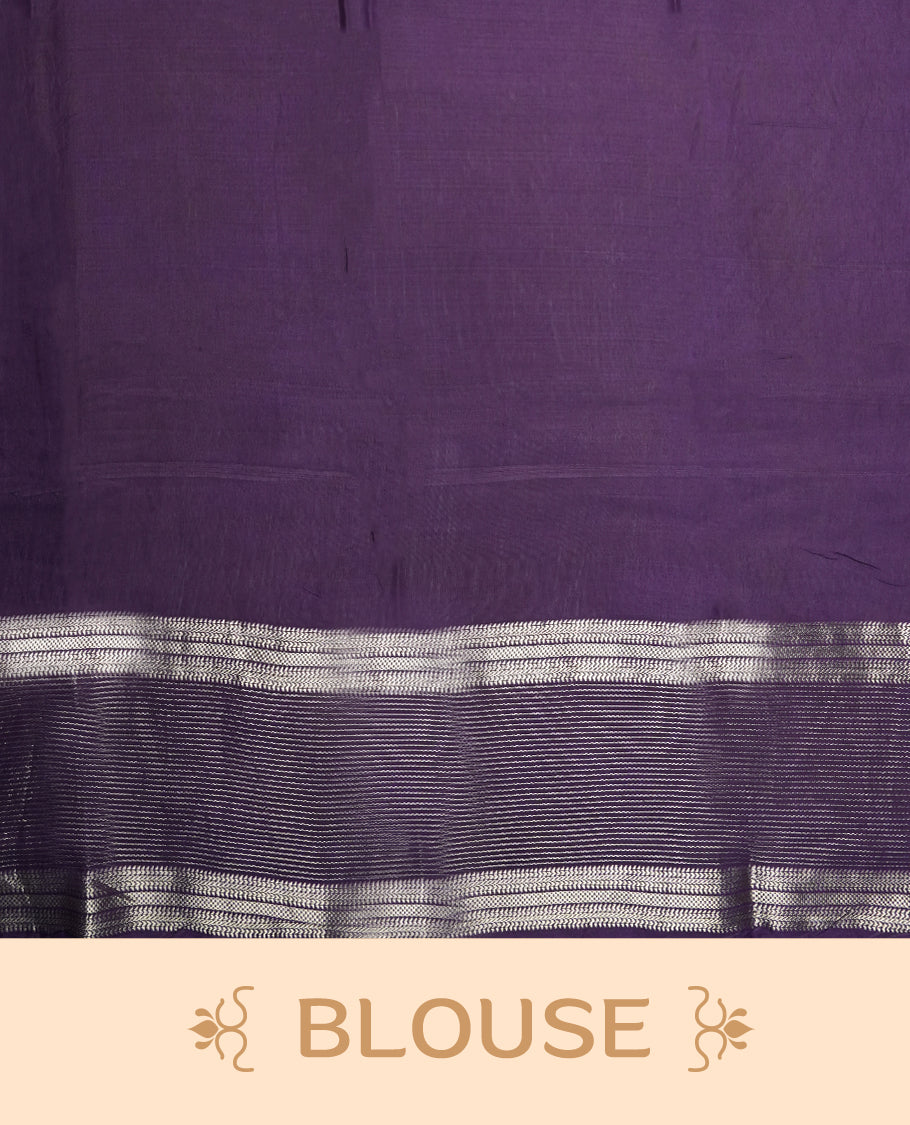 white colour mixed chanderi cotton saree with plain body, pallu featuring rose gold zari border, and matching deep purple blouse.