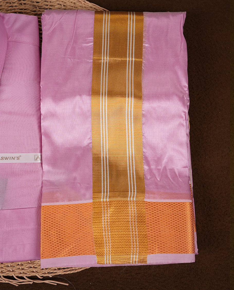 Gazel colour Aswin’s wedding set featuring a refined silk shirt and matching dhoti with gold zari detailing, crafted for timeless elegance and perfect for traditional weddings and festive occasions.