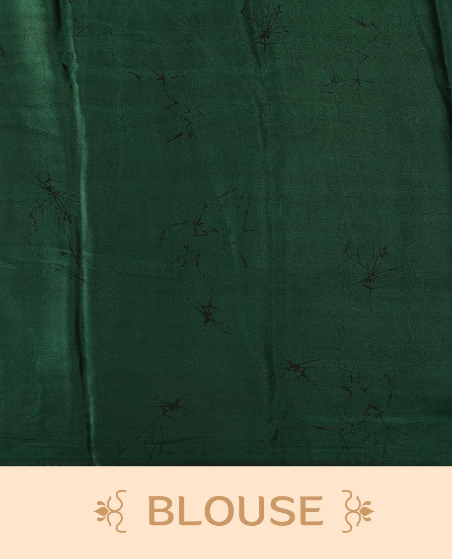 Dark Green colour Semi Modal saree featuring artistic abstract prints across the body, beautifully contrasted with Off White highlights, complemented by a bold patterned pallu, and paired with a matching blouse