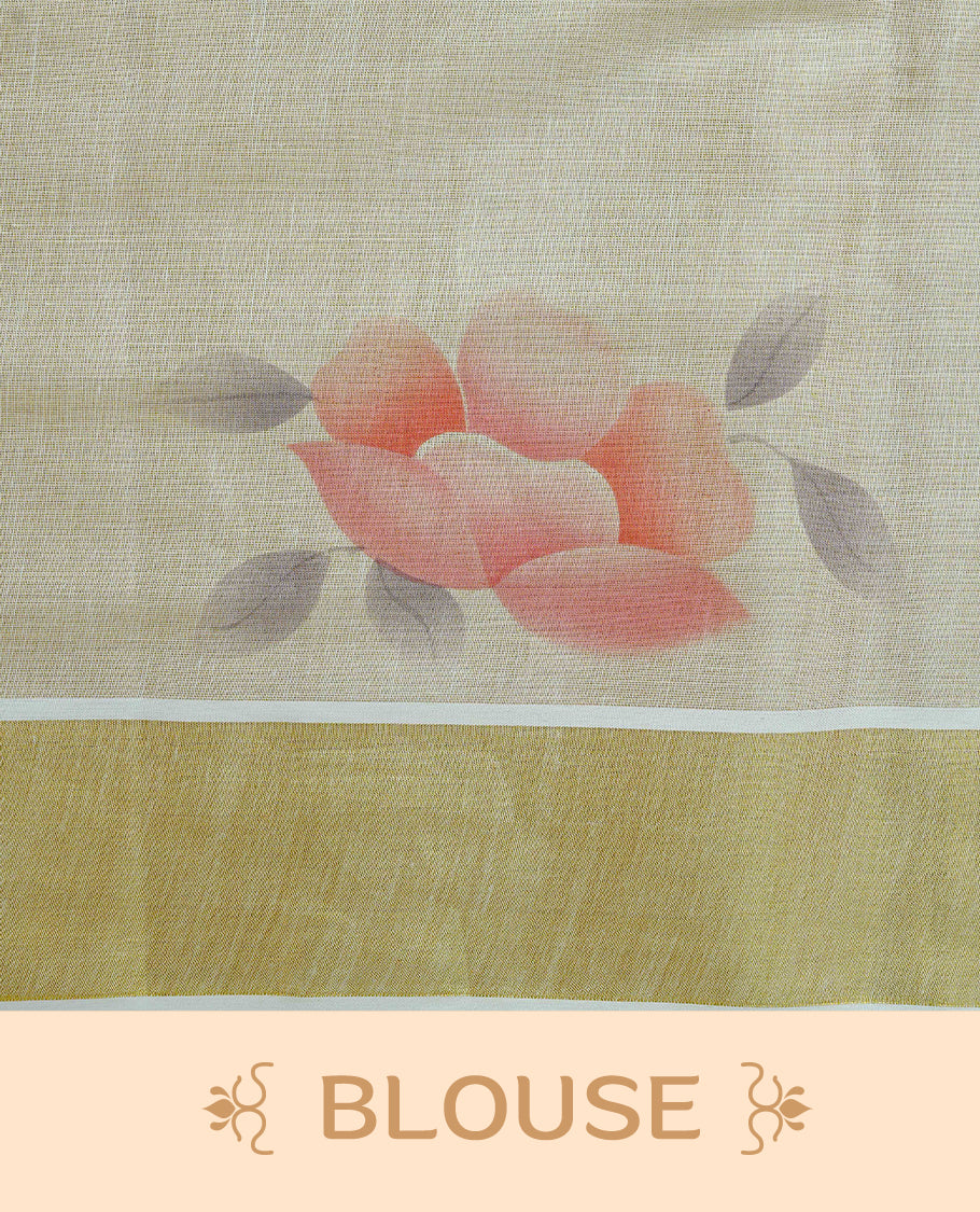 Cream Colour Tissue Kerala Saree Featuring Digital Peach Rose Prints Across The Body, Enhanced With A Gold Zari Border , Finished With Peach & White Tassels And A Matching Blouse Piece