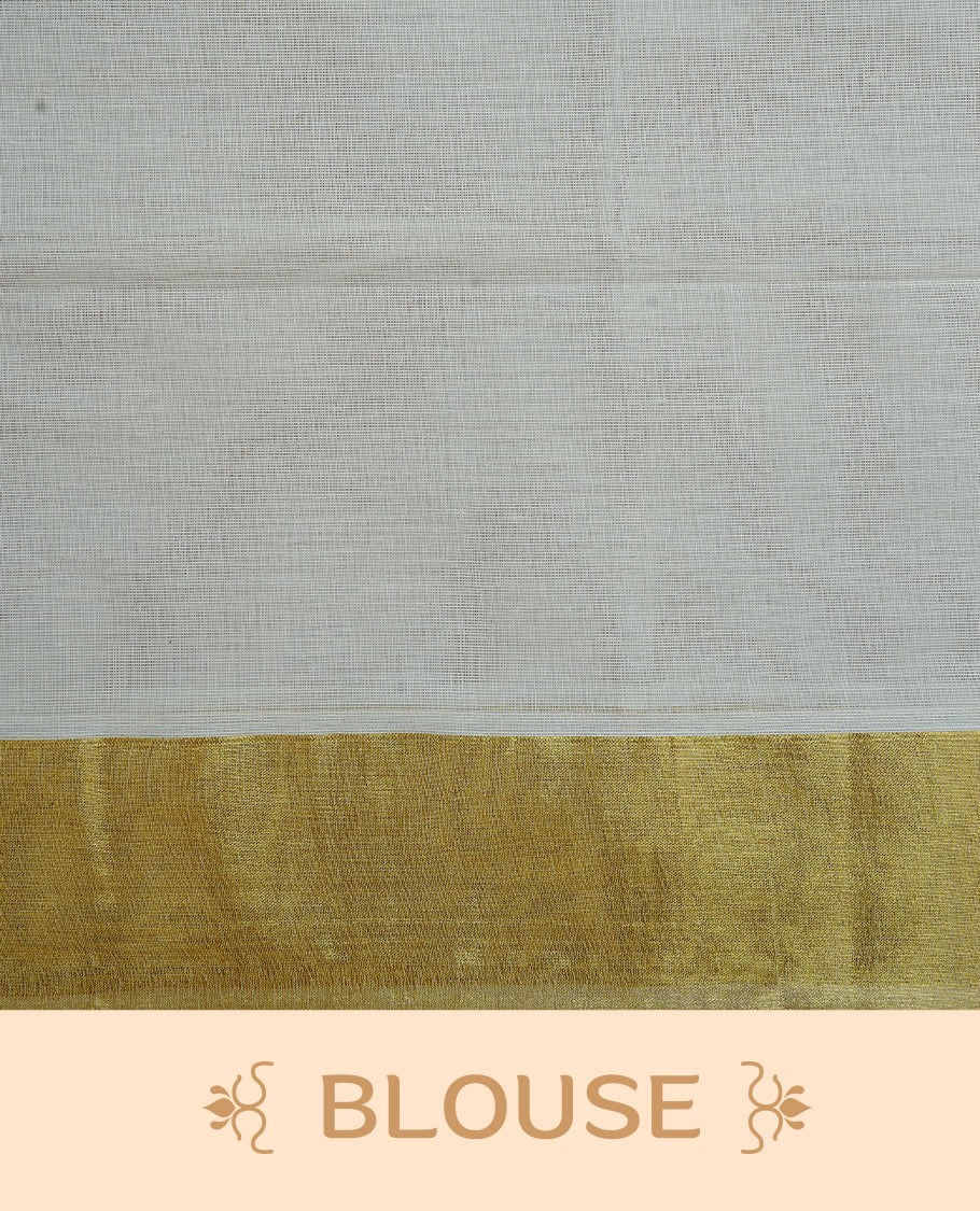 Cream Colour Cotton Kerala Saree Featuring Delicate Gold Zari Leaf Pattern Across The Body, Enhanced With A Traditional Gold Zari Border , A Gold Leaf Motifs Striped Gold Zari Pallu, Finished With A Matching Blouse Piece