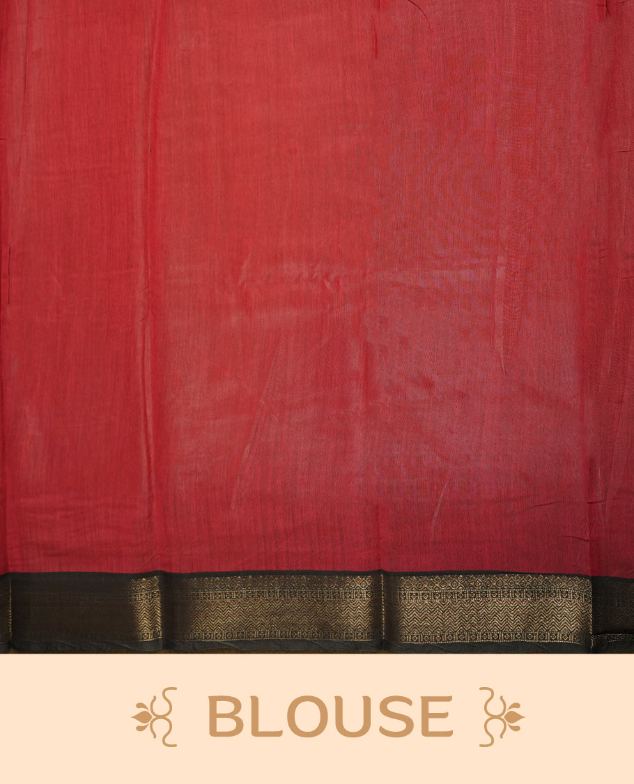 Coral red colour mixed chanderi cotton saree featuring black dot printed body, striped pallu with black and red geometric patterns, golden zari border, and matching blouse