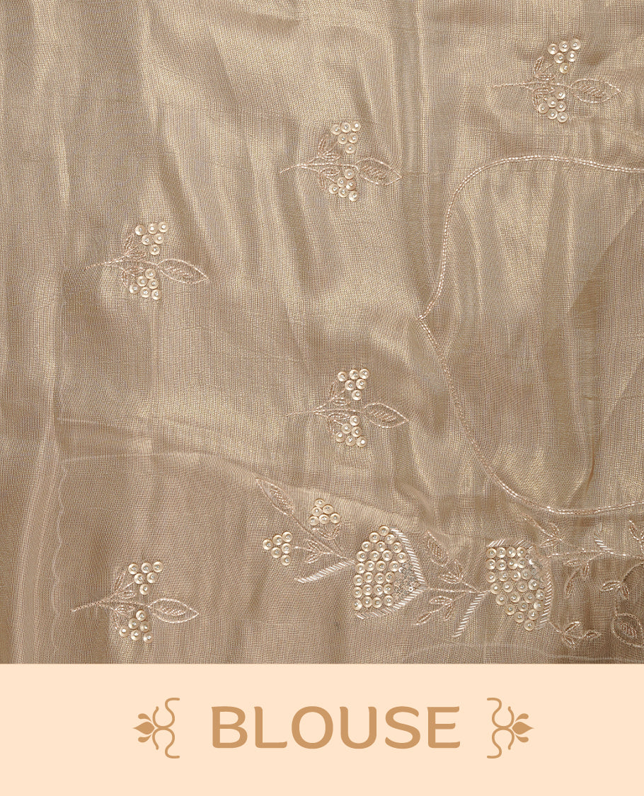 Beige colour net organza saree featuring thread, sequins, cut beats worked on body, highlighting scalp border, paired with matching blouse piece.