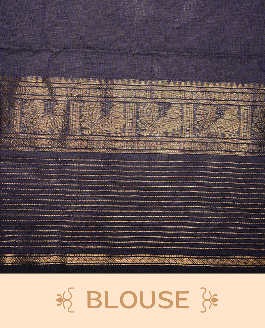 Navy blue colour chettinad cotton saree featuring Elegant plain body, complemented by self colour with zari border, paired with matching blouse piece.