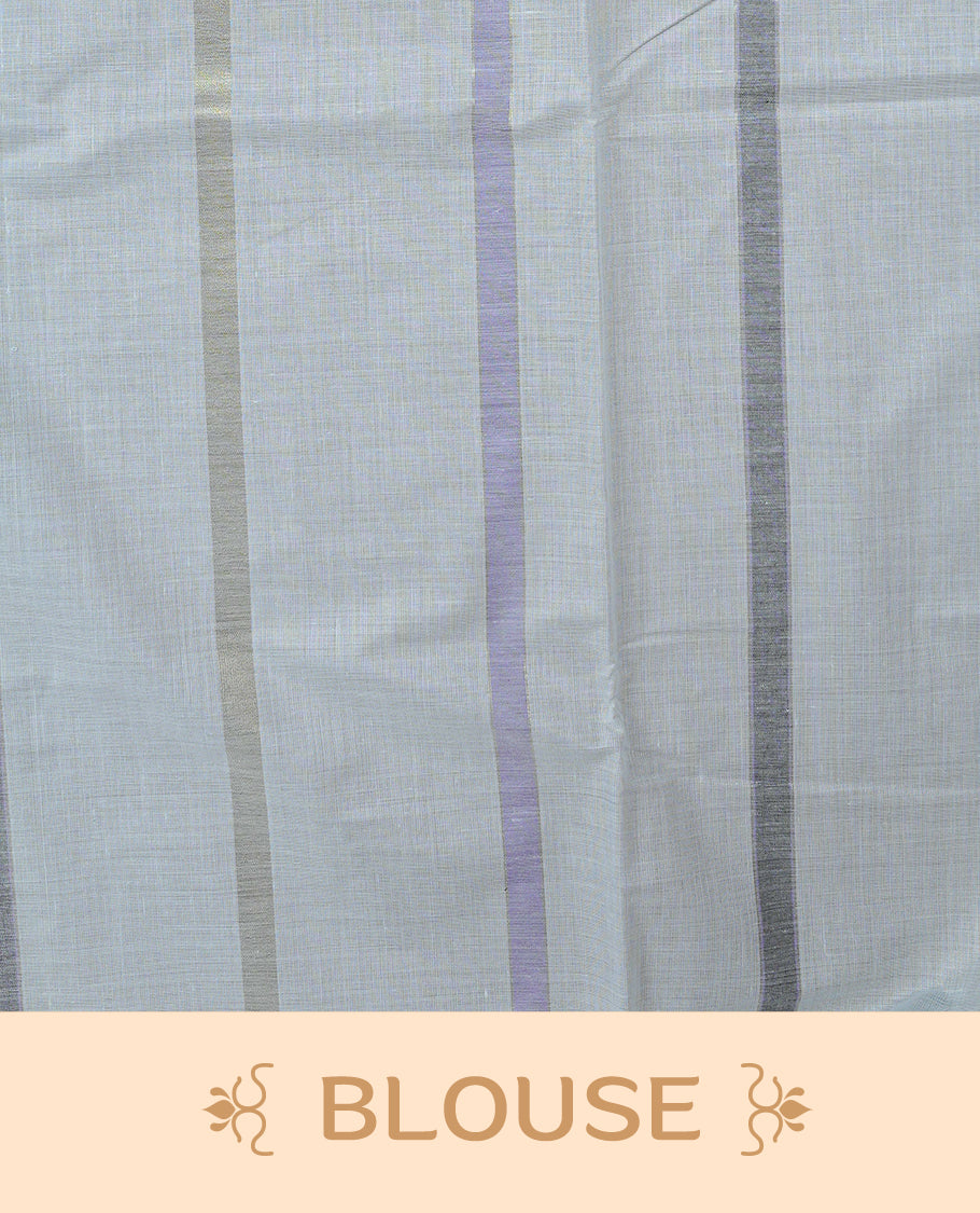 Off White Colour Cotton Kerala Saree Featuring Light Gold, Grey And Purple Zari Stripes On The Body, Enhanced By A Traditional Zari Border And Pallu, Paired With A Matching Blouse Piece.