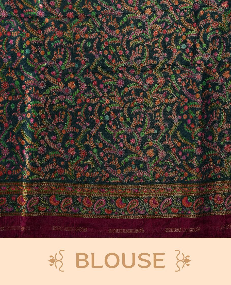 Teal Green Pashmina Silk Saree with Plain Body, Featuring Intricately Embroidered Multicolor Elephant and Peacock Motifs on Vibrant Pink-Gold Zari Border & Grand Pallu, Paired with Matching Blouse Piece