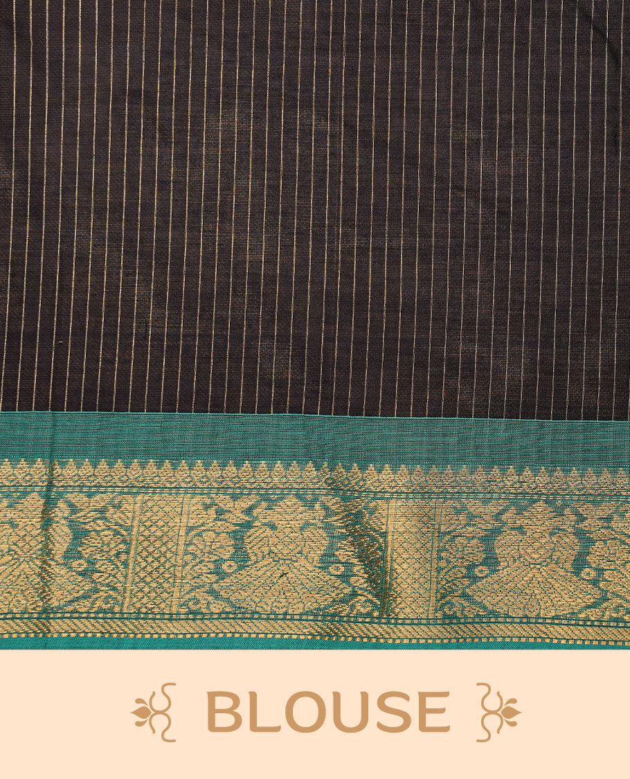 Black colour chettinad cotton saree featuring gold zari stripes on body, complemented by Green colour with zari border, paired with matching blouse piece.