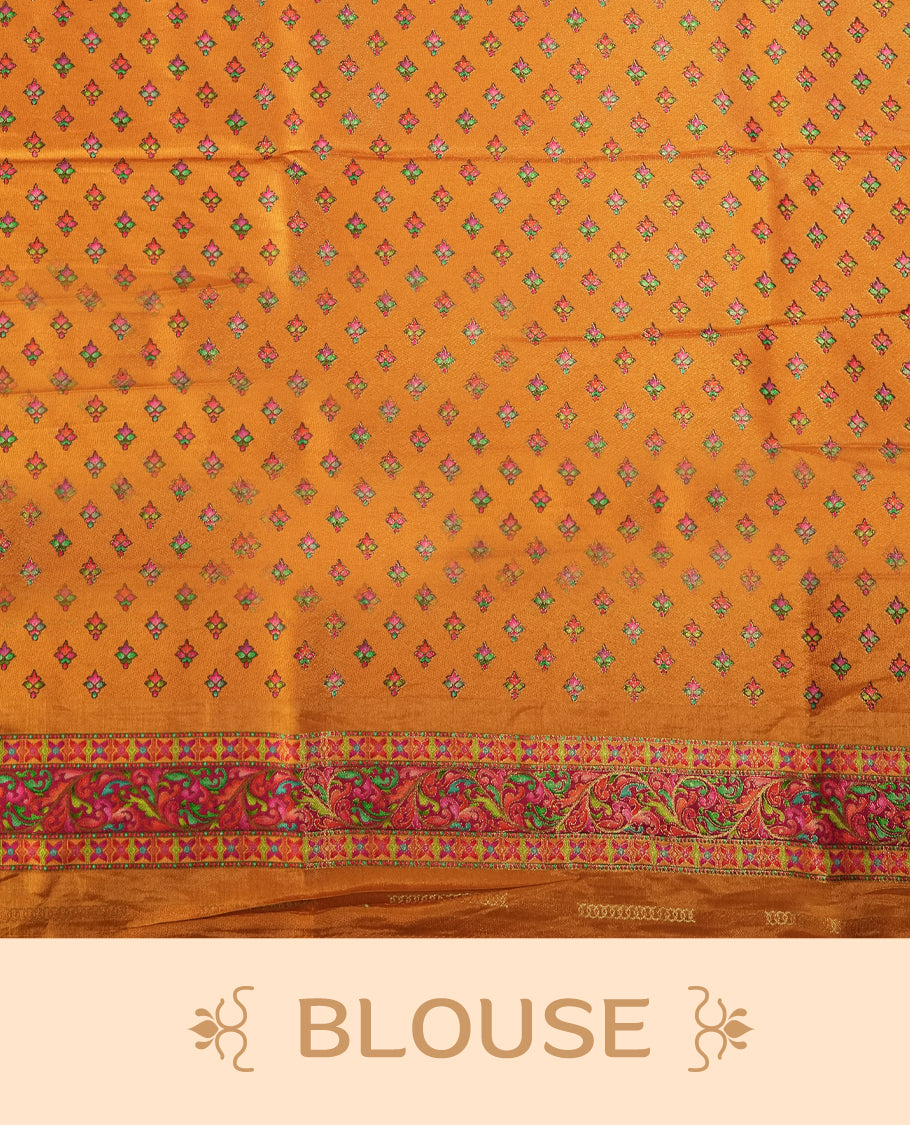 Orange Pashmina Silk Saree with Intricate Embroidered Buti Work on Body, Featuring Multicolor Dancer and Floral Motifs on Vibrant Pink-Green Zari Border & Grand Pallu, Paired with Matching Blouse Piece