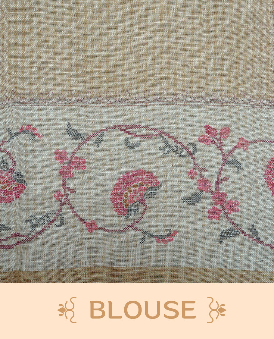 Cream colour semi linen saree featuring Floral printed buttas on body, complemented by contrast Pale Yellow colour border, comes with matching blouse piece.