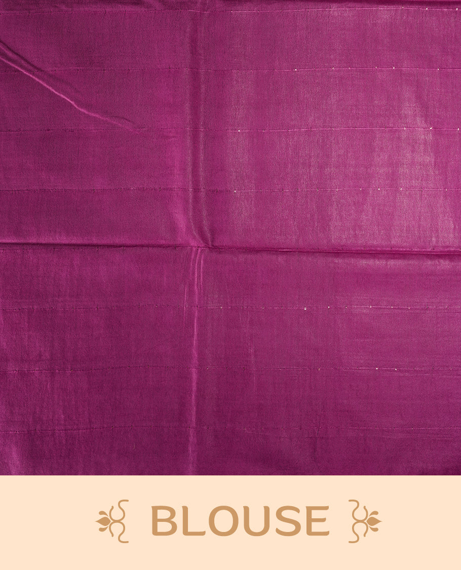 Dark Raspberry colour semi jute saree with vertical striped pattern sequins for a modern appeal , Soft texture, sleek border, tassel pallu, & Includes matching blouse piece for a complete look.
