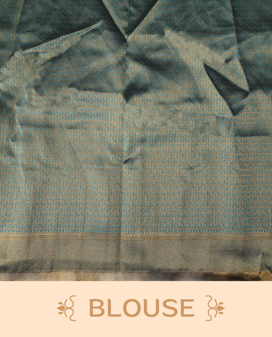 Graceful semi stitched dhavani set in golden mustard and dark aqua blue, crafted in silk with rich zari work & Perfect for festive occasions, weddings, and traditional events, Customizable for a perfect fit.