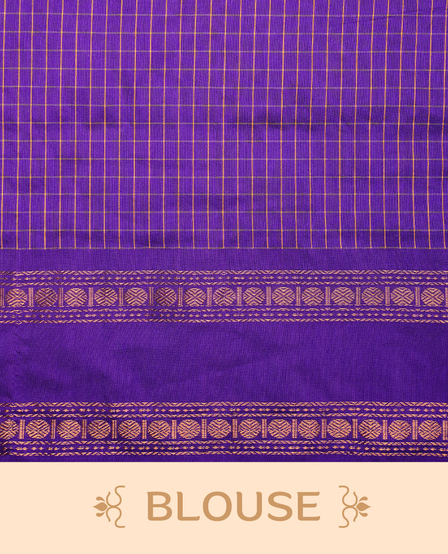 Indigo colour kalyani cotton saree featuring check pattern on body, highlighting self colour with simple gold zari border, paired with matching blouse piece.