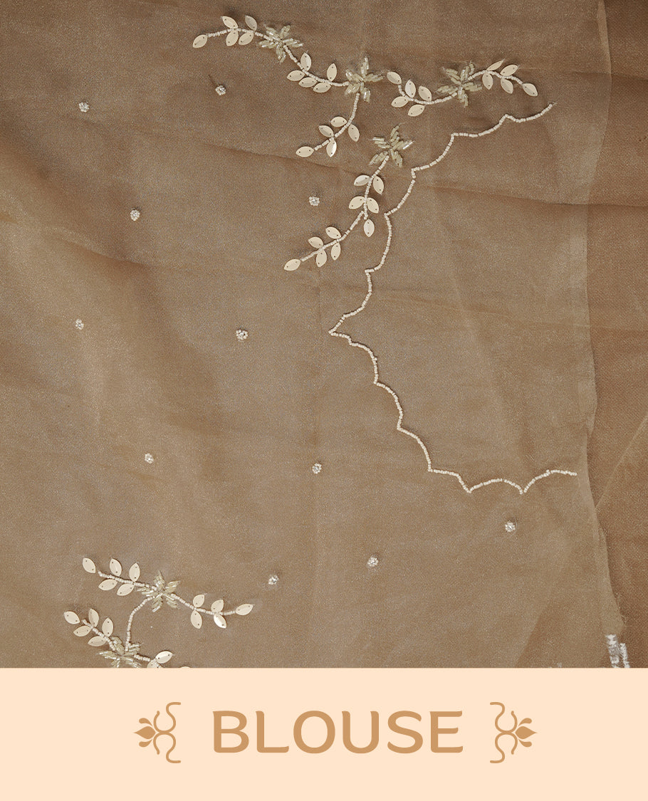 Light coffee colour crush organza saree featuring white floral work with beats & sequins, highlighting scalp with beats worked border, paired with matching blouse piece.