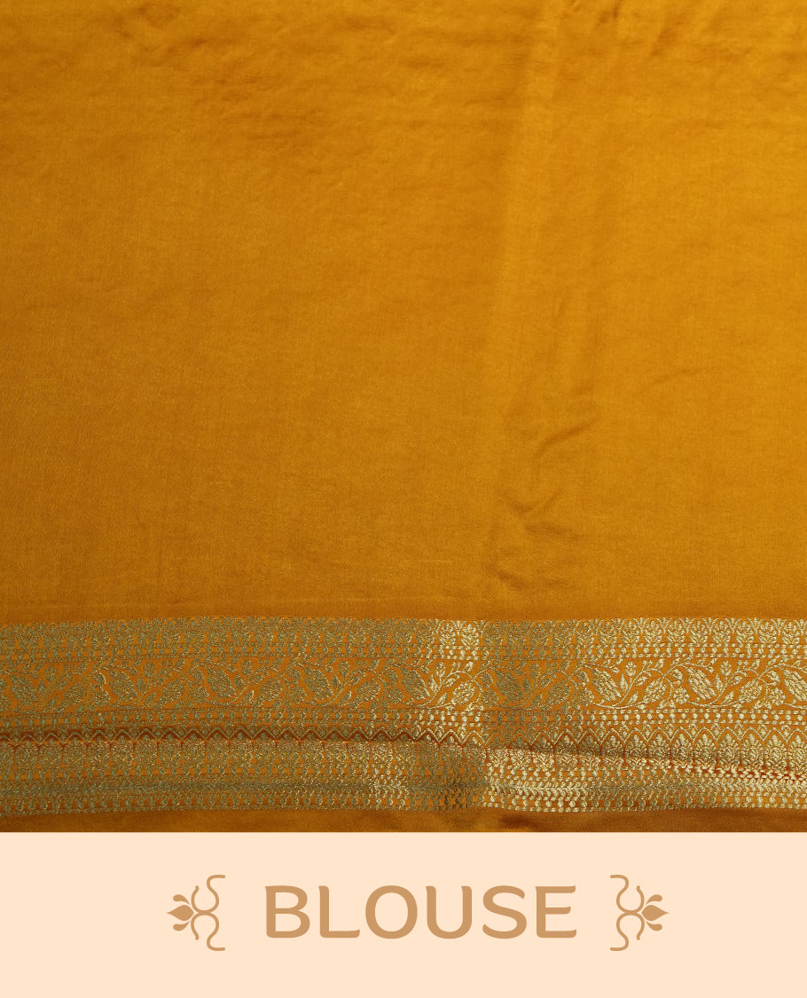 Golden Colour Semi Banarasi Satin Crepe Saree with Silver Zari Leaf Motifs, Traditional Gold Interwoven Pallu, Elaborate Woven Border, Decorative Tassels with Matching Blouse