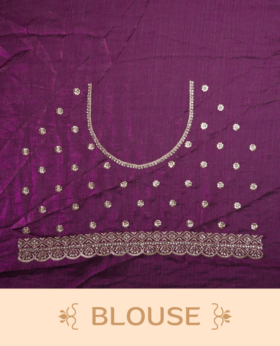 Magenta colour velvet chiffon designer saree in elegant two tone shades, featuring light gold zari, kodi work with handwoven style thread aari & dori embroidery work, Swarovski stone work and all over motifs, comes with matching blouse.