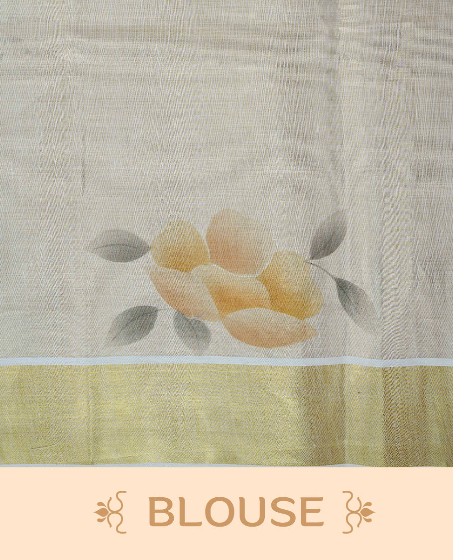 Cream Colour Tissue Kerala Saree Featuring Vibrant Floral Digital Printed Border & Pallu , Beautifully Enhanced With A Classic Gold Zari Border And Contrast Tassels. Paired With A Matching Blouse Piece.
