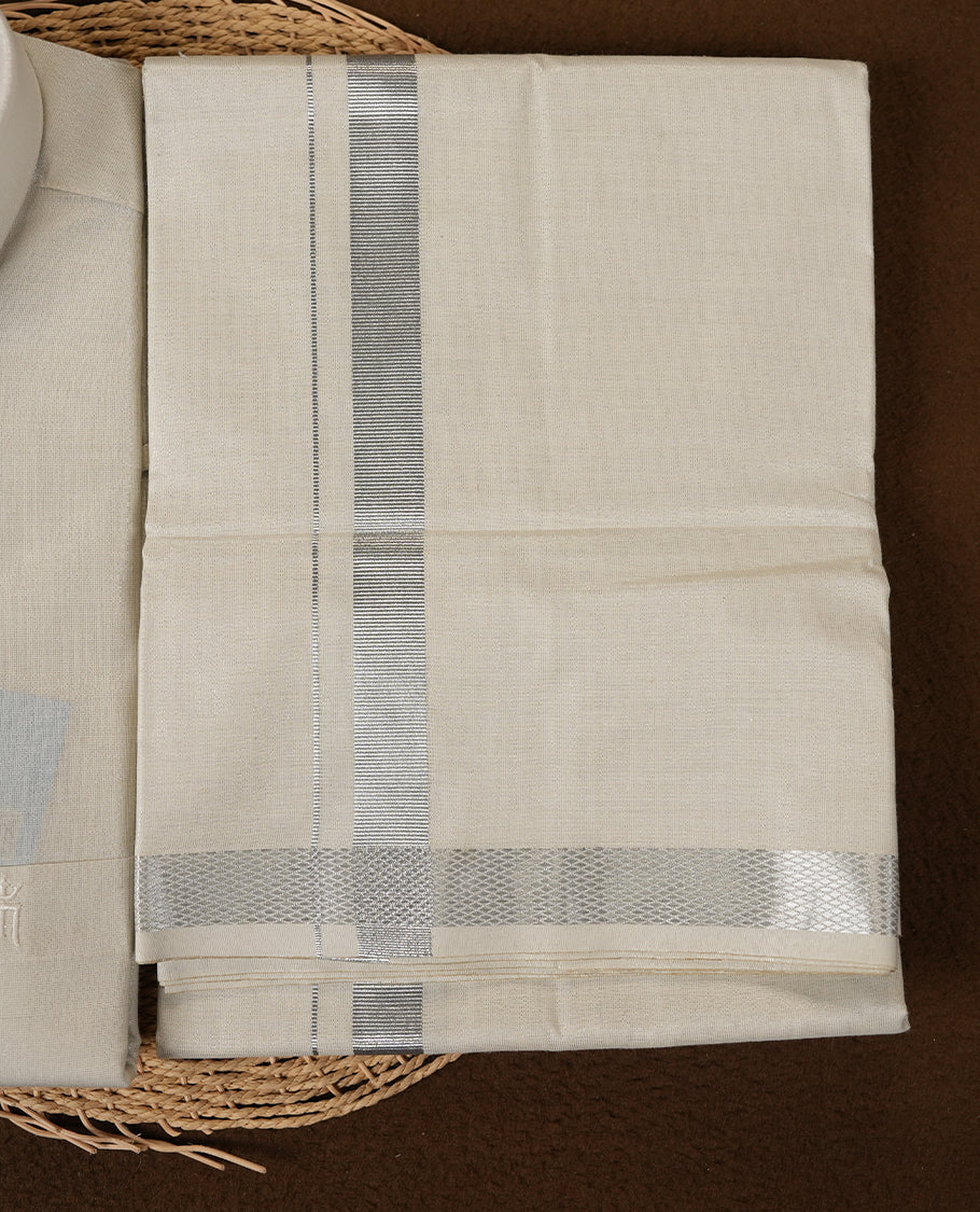 Off-White Tissue Cotton Full Sleeve Shirt with Pure White Dhoti Set Featuring Rich Silver Zari Border and Complimentary Perfume