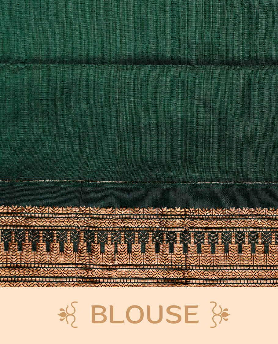 Orange colour kalyani cotton saree featuring gold zari motifs on body, highlighting contrast green colour with Antique gold zari border, paired with matching blouse piece.