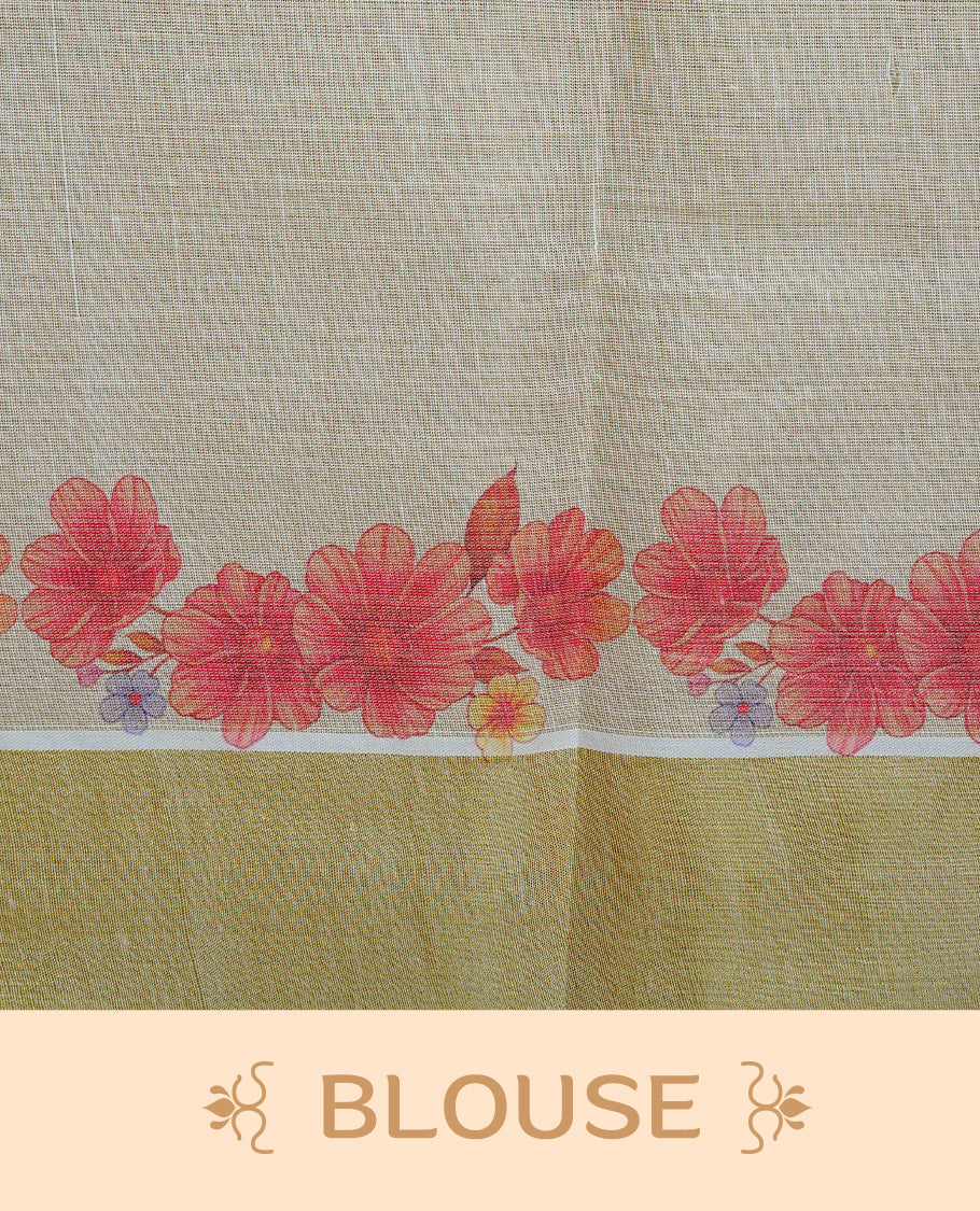 Cream Colour Tissue Kerala Saree Featuring A Digital Floral Printed Body & Pallu, , Beautifully Enhanced With A Classic Gold Zari Border And Cream & Brown Tassels ,Paired With A Matching Blouse Piece.