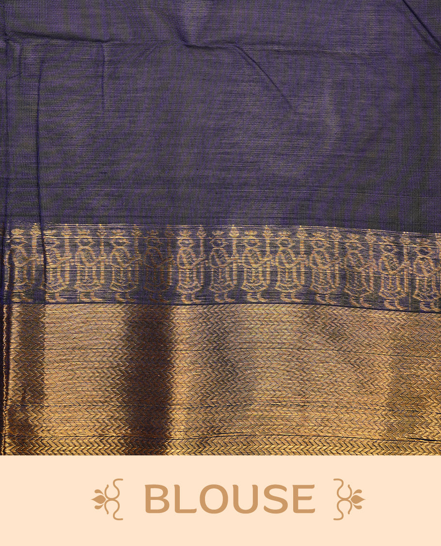 Navy blue colour chettinad cotton saree featuring elegant plain body, complemented by self colour with zari border, paired with matching blouse piece.