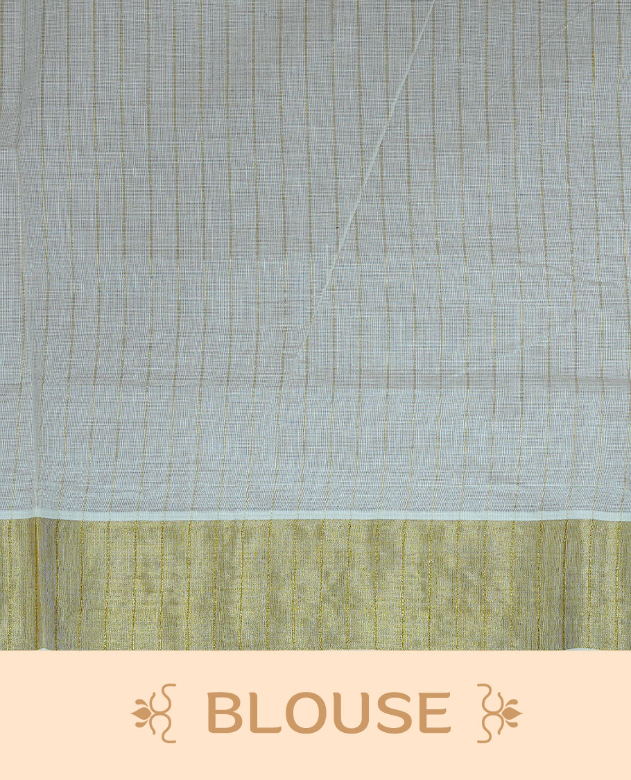 Cream Colour Kerala Saree Featuring Gold Zari Stripes On The Body, Enhanced By A Gold Zari Border With Floral Prints And A Matching Pallu, Paired With A Matching Blouse Piece.