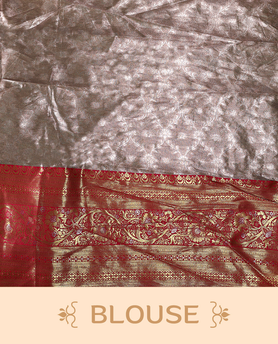 Stunning Semi stitched Rose gold and vibrant majenta Dhavani set featuring a lustrous silver skirt with rich golden zari border, paired with a vibrant majenta dupatta adorned with golden motifs, creating a perfect blend of elegance and tradition.