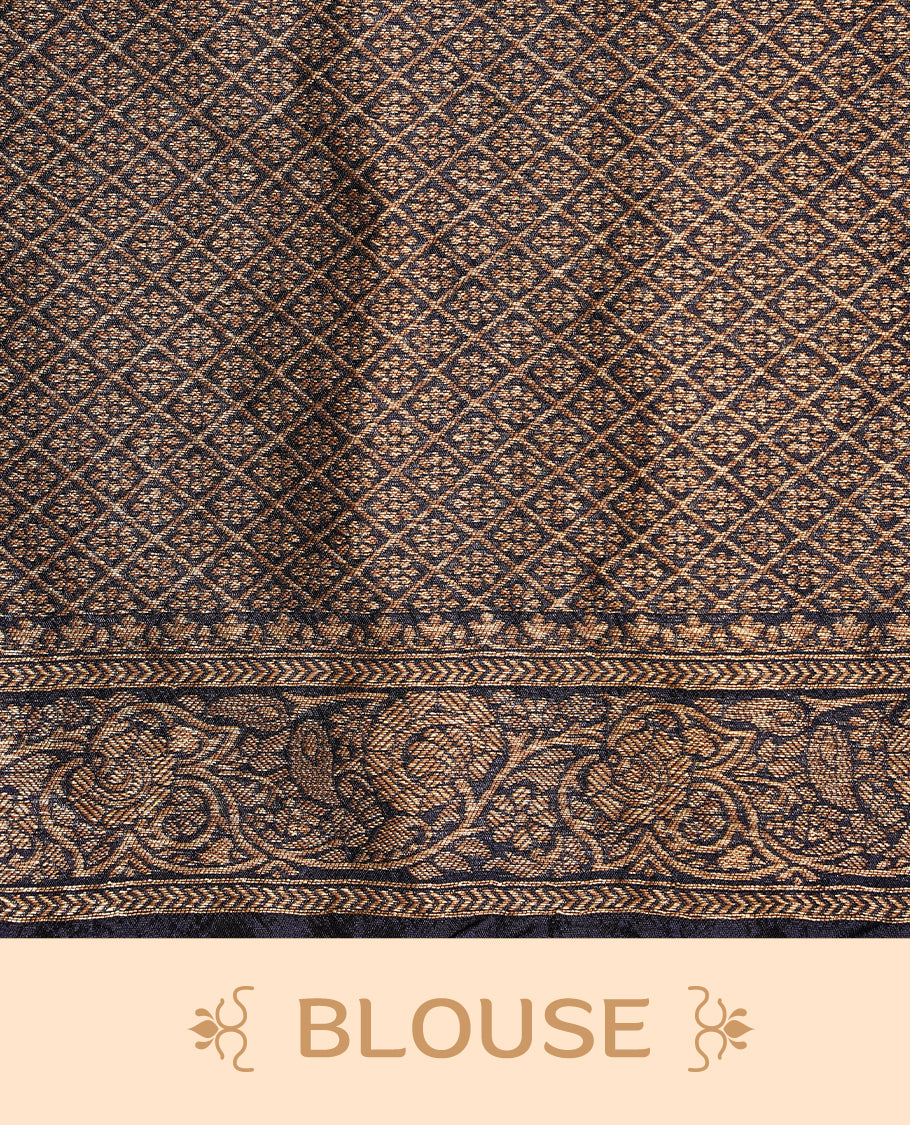 Dark purple colour Banarasi Bandhani silk saree featuring intricate antique zari circle Buttas across the body, complemented by an elegant antique zari border. Comes paired with a matching blouse piece