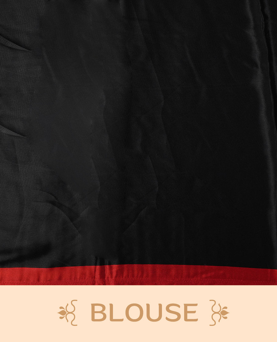 Cream colour saree with bold black polka dots, striped detailing, and striking red border & Comes with a stylish matching blouse.