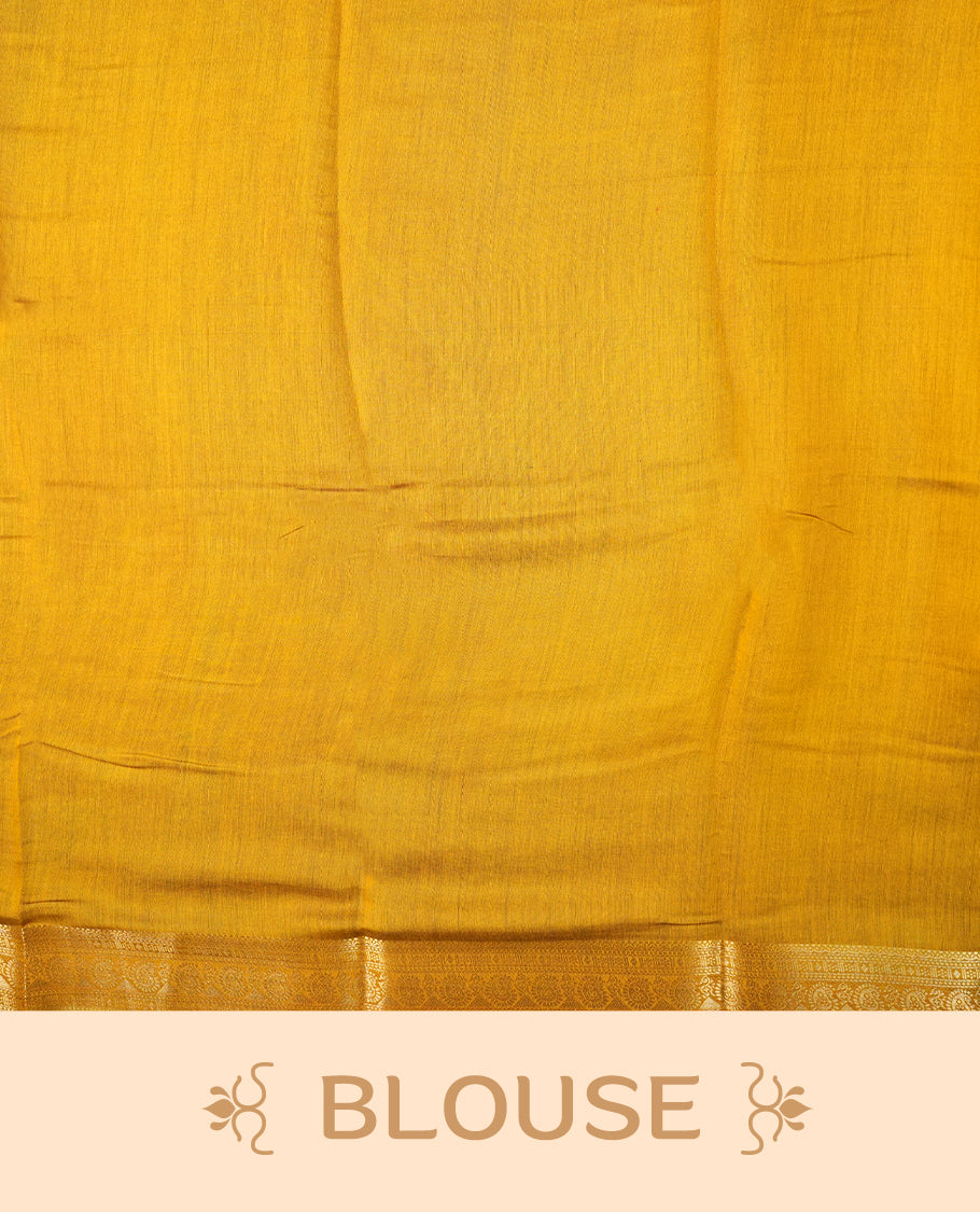 Multicolor mixed chanderi cotton saree with mustard-yellow and turquoise circles on checkerboard squares, golden zari border with floral motifs, geometric pallu, and matching blouse