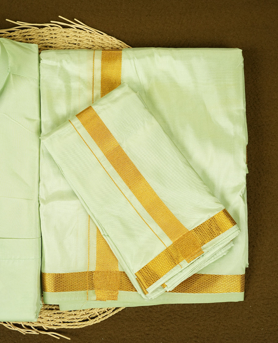 RAMRAJ Light Green Colour kurtha paired with a Light Green dhoti and a Light Green towel, elegantly finished with a matching Gold border.