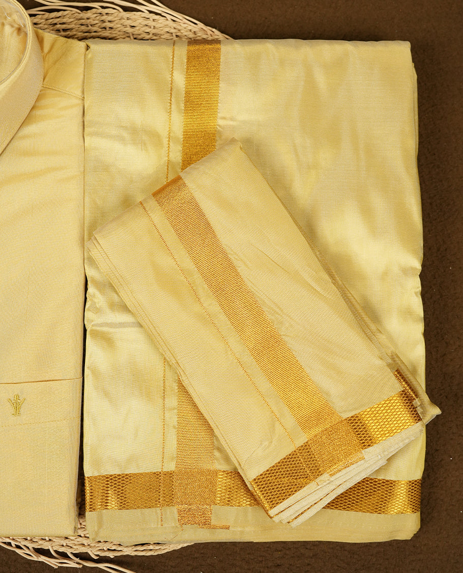 Dark Gold Colour shirt by RAMRAJ paired with a matching dhoti, all elegantly finished with a gold border.