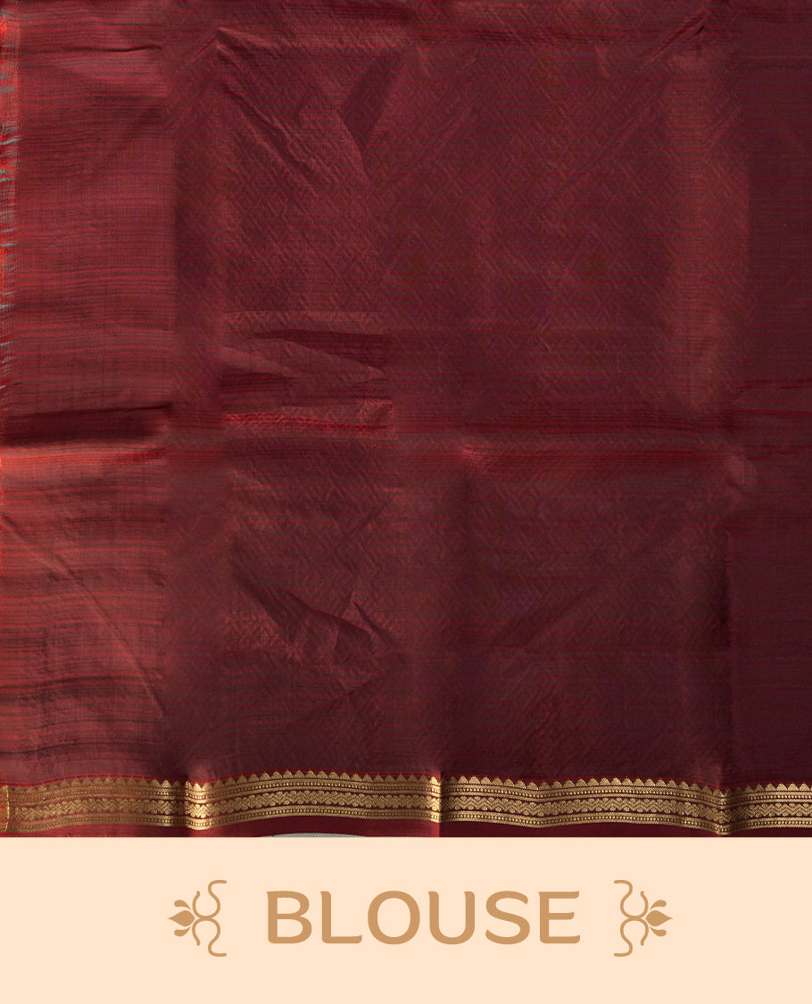Dusty mustard yellow soft silk saree enhanced with delicate zari buttas, paired with a striking rust orange zari border and elegant pallu & Comes with a matching blouse.