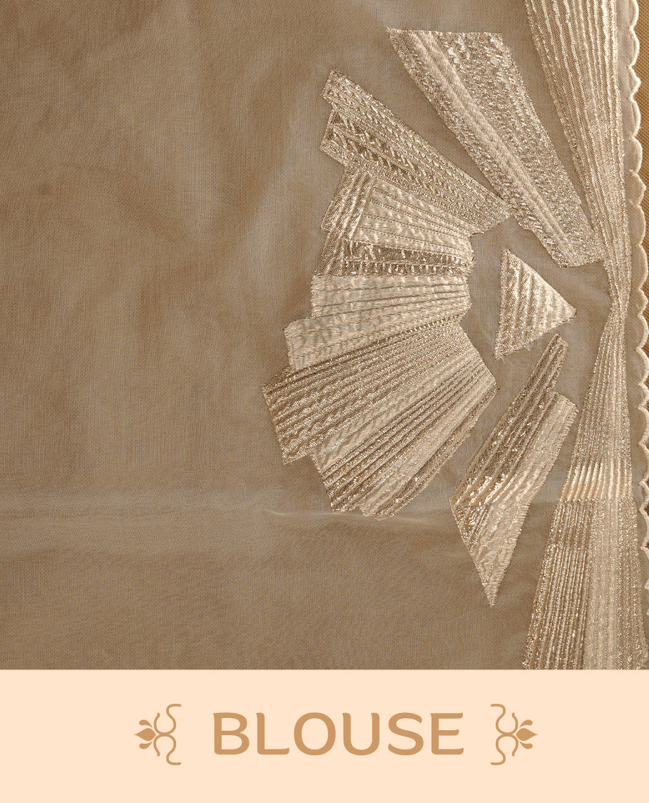 Cream colour pure net organza saree featuring gold geometric pattern on body, featuring scalp designed border, paired with matching blouse piece