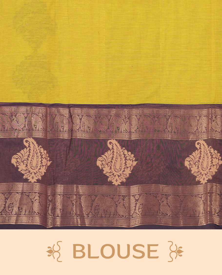 Royal yellow colour Chettinad cotton saree featuring elegant checked patterns across the body & The rich contrast zari border with traditional motifs & Comes with a matching blouse piece.