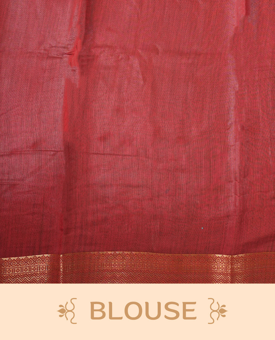 Maroon red colour mixed chanderi cotton saree with plain body, geometric tribal printed pallu with golden zari border, and striped blouse.