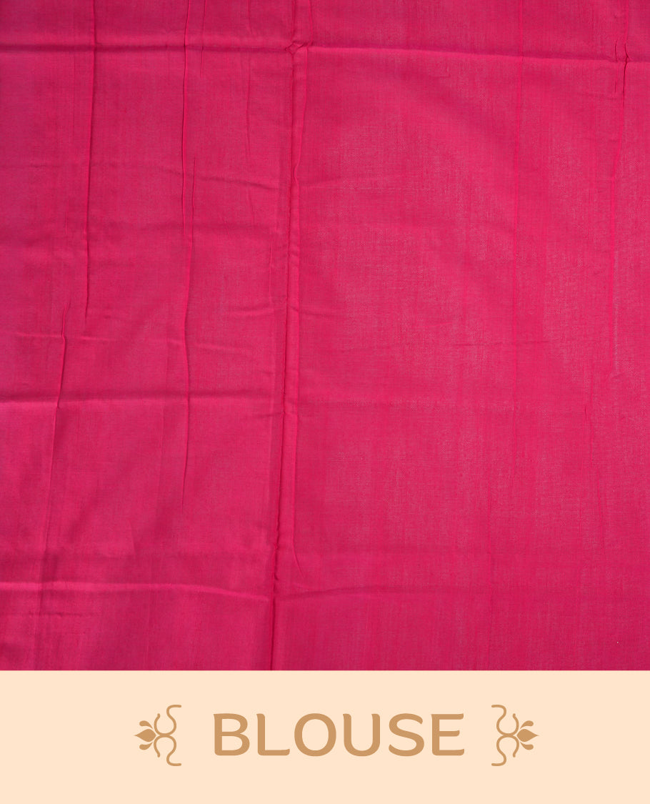 Navy blue colour Ikkat Pochampally saree featuring a vibrant magenta pink border and pallu adorned with traditional ikat motifs in shades of beige & grey, bringing a perfect blend of heritage and modern charm, Comes with matching blouse.