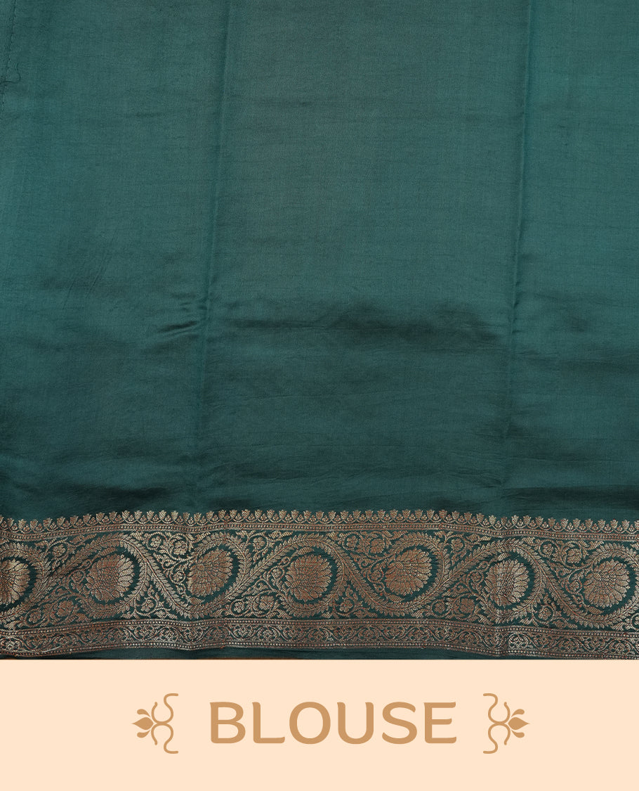 Gold Cream Banaras soft silk saree with gold zari oval motifs on body, with contrast Teal colour floral pattern on pallu, border, and Matching blouse.
