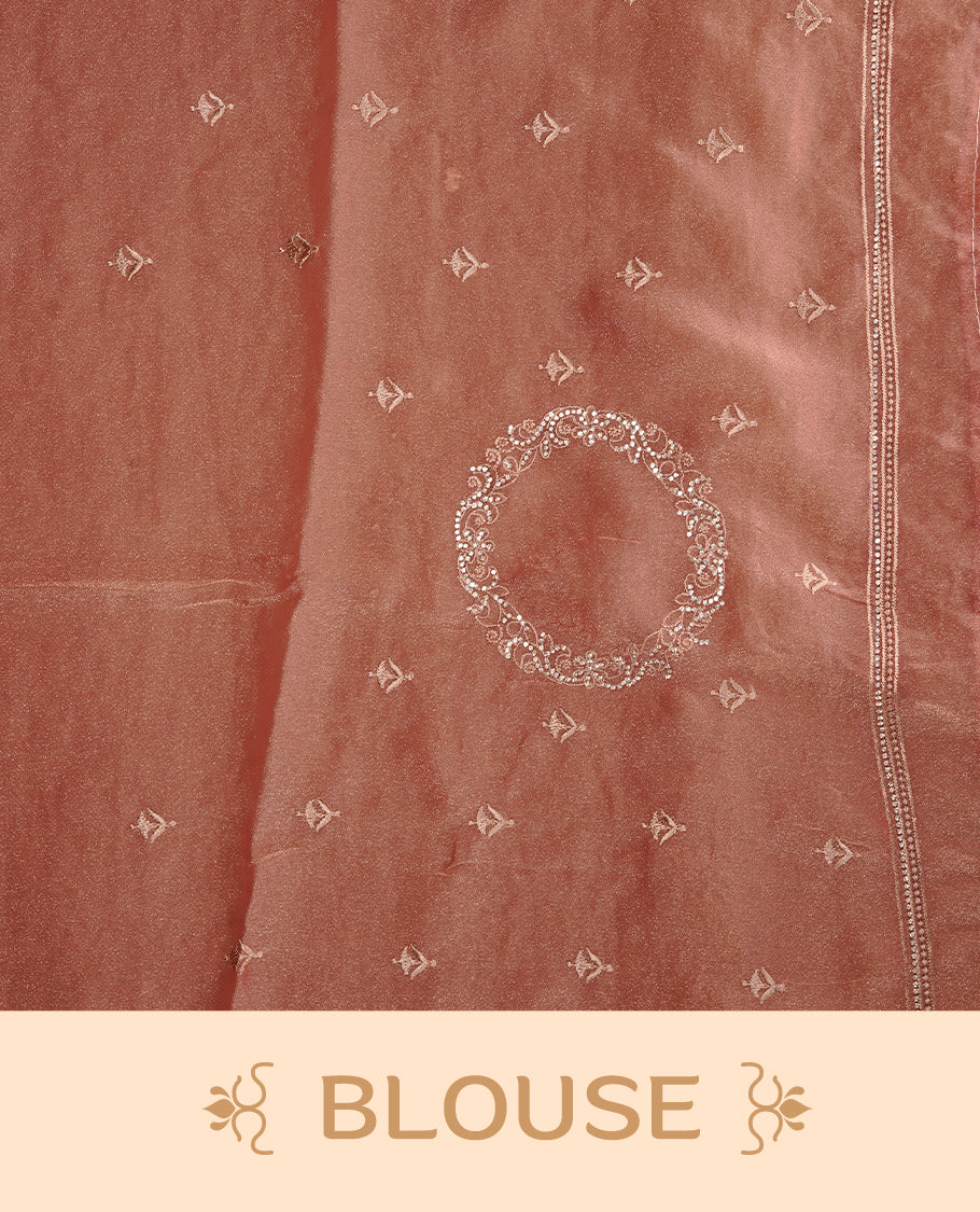 Pinkish orange colour organza saree featuring thread & gold stone pattern on body, highlighting scalp border, paired with Matching blouse piece.
