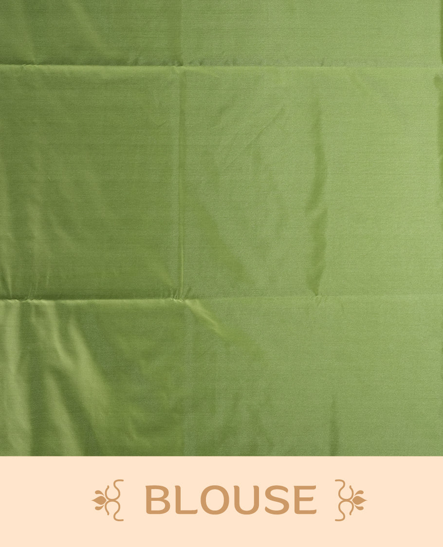 Pastel green colour semi soft silk saree adorned with delicate woven motifs on the body & Enhanced with a contrast zari border and elegant pallu with tassels, paired with a matching blouse.