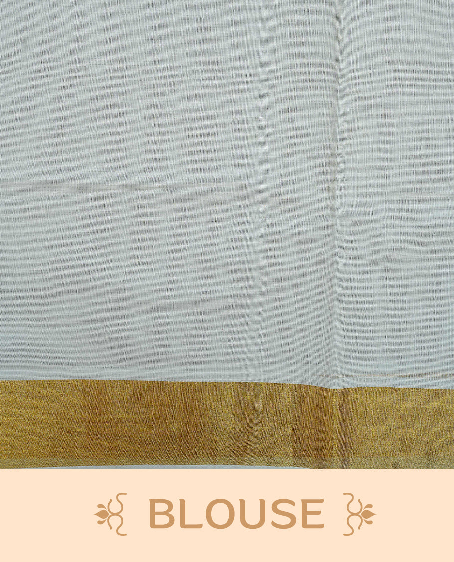 Cream Colour Cotton Kerala Saree Featuring Digital Red & Brown Colour Floral Motifs On Body, With A Classic Gold Zari Border & A Gold Zari Pallu, Paired With A Matching Blouse Piece.