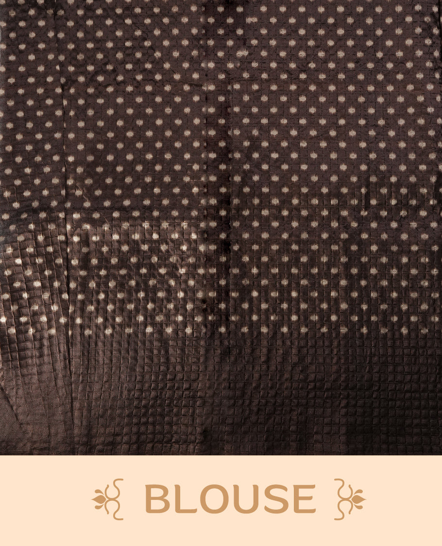 Classic off white colour saree adorned with intricate brown tribal motifs and rich woven patterns on the pallu and border & Paired with matching blouse.