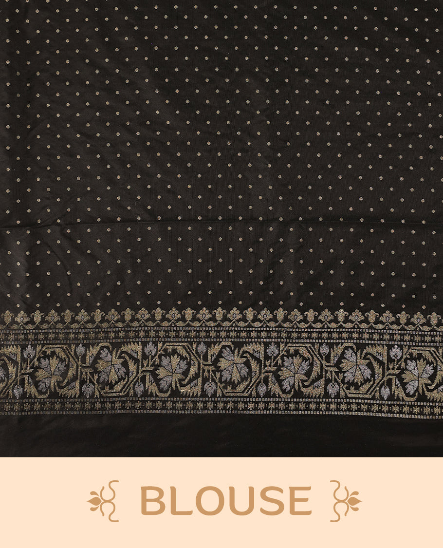 Elegant black Banaras soft silk saree with gold zari buttas on the body, ornate floral zari border, rich woven pallu, and comes with a matching blouse & A timeless drape for festive and formal occasions.