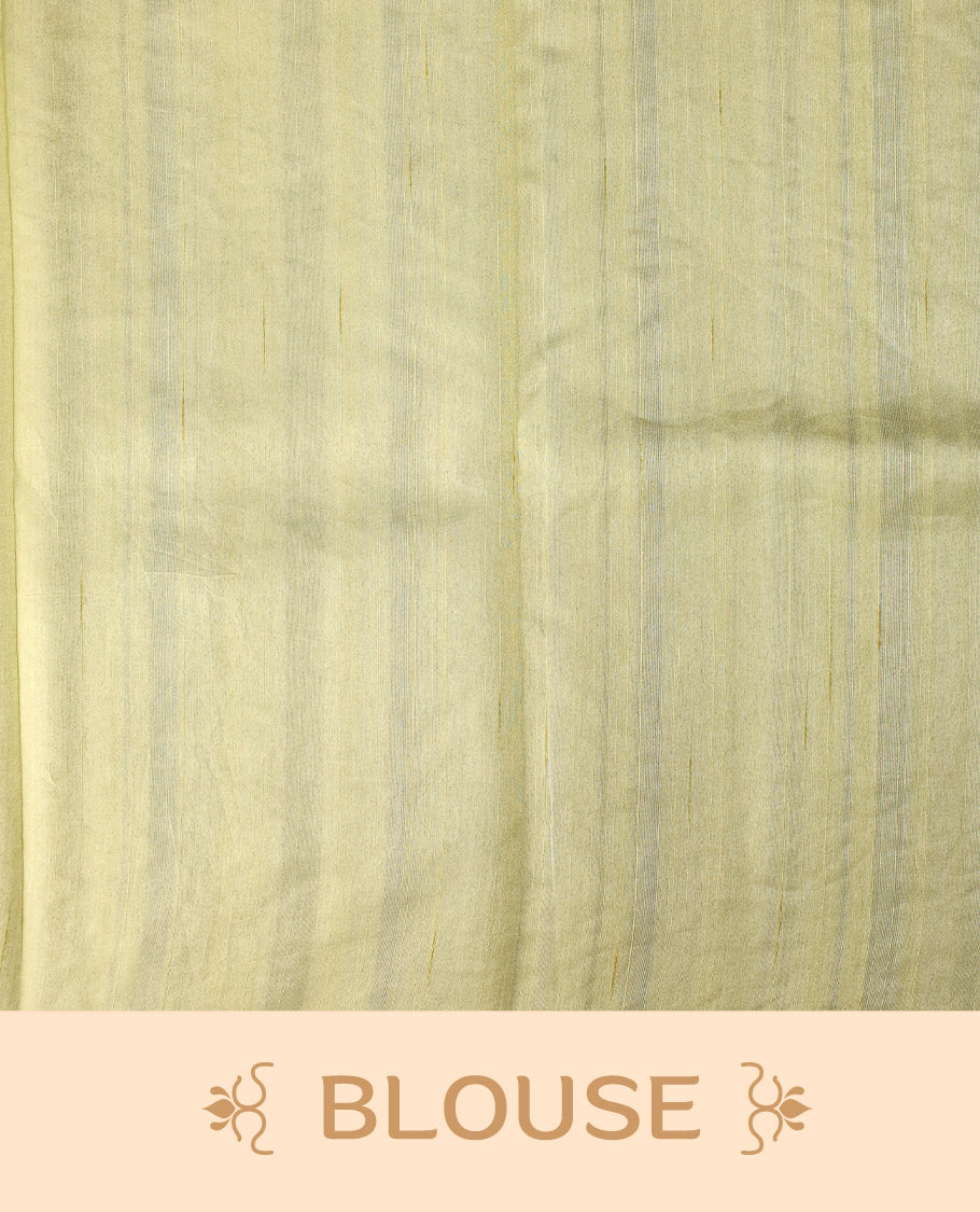 Pastel yellow colour semi tussar saree adorned with elegant white applique work in leaf and floral designs across the body and border, paired with a matching blouse.