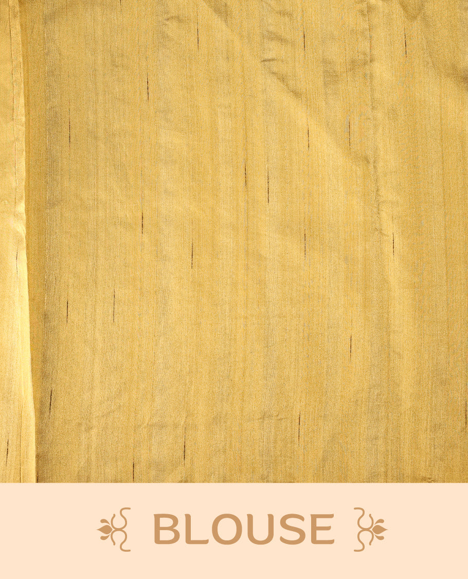 Golden Brown colour semi tussar saree adorned with elegant white applique work in leaf and floral designs across the body and border, paired with a matching blouse.