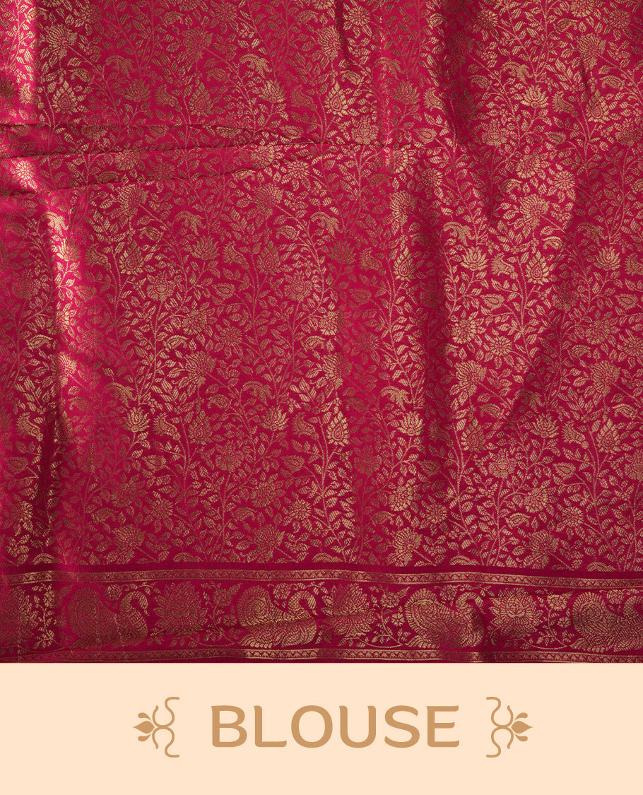 Black Pashmina Silk Saree with Plain Body, Rich Multicolor Embroidered Elephant, Peacock, and Procession Motifs on Vibrant Pink-Green Zari Border & Grand Pallu, Paired with Matching Blouse Piece