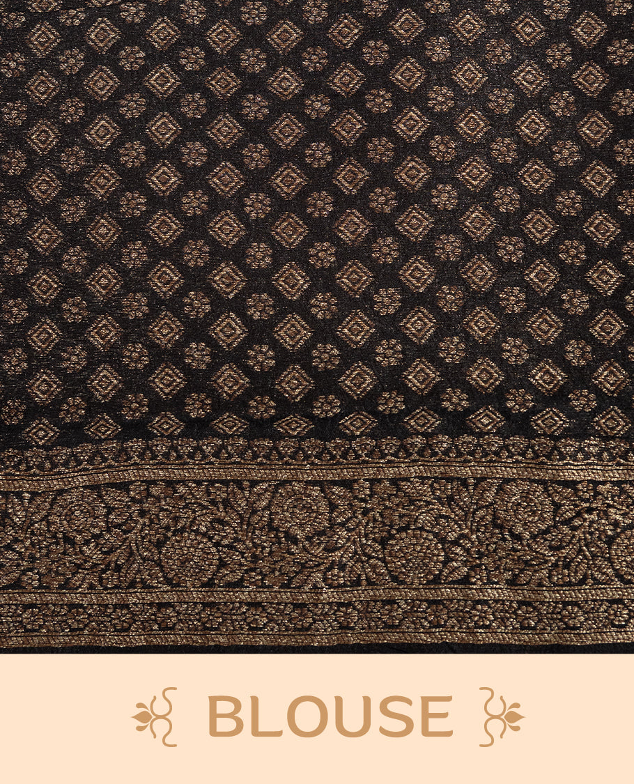 Black colour Semi banaras tussar georgette Saree featuring Antique zari motifs on body, enhanced with antique zari border, paired with a matching blouse piece.