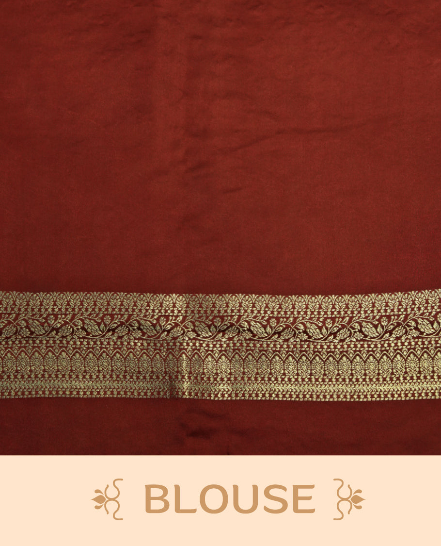 Maroon Colour semi Banaras satin crepe saree with Gold Zari Buti Motifs, Traditional Gold Geometric Pallu, Elaborate Woven Border, Decorative Tassels with Matching Blouse