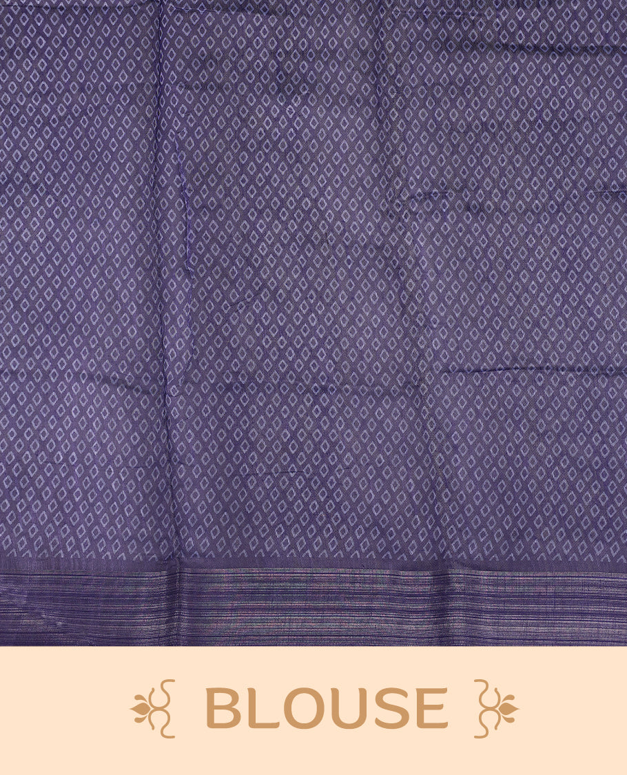 Blue colour saree featuring intricate woven geometric and floral patterns across the body and pallu, highlighted with a subtle striped border and tassels, paired with a matching blouse