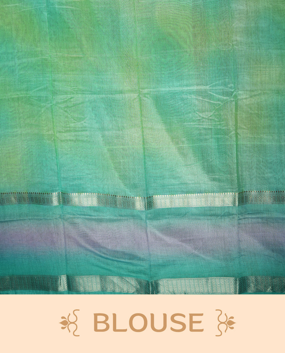 Turquoise and mint green colour mixed chanderi cotton saree with wavy ombre body, silver zari borders, lavender-pink gradient border accents, and matching turquoise blouse.